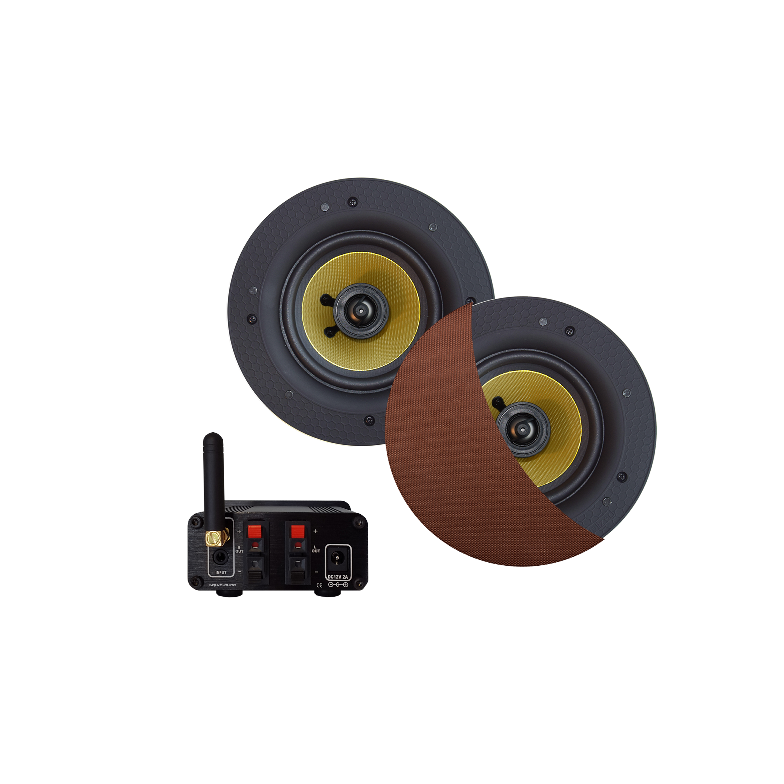 BLUETOOTH AUDIOSYSTEEM (50 WATT / BT4.0 / AUTO-AUX) MET SAMBA SPEAKERSET (BRUSHED COPPER), 230V/12V