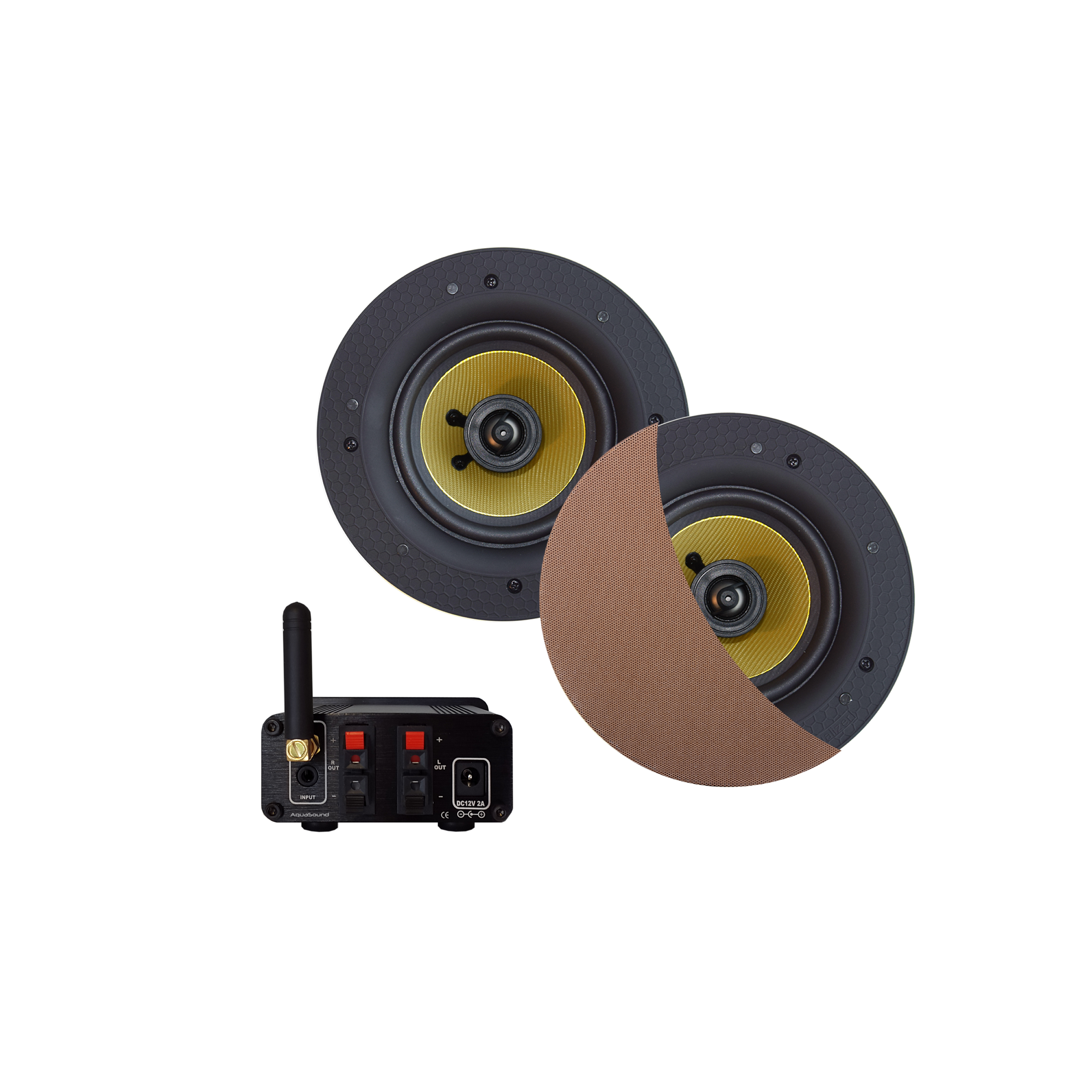 BLUETOOTH AUDIOSYSTEEM (50 WATT / BT4.0 / AUTO-AUX) MET SAMBA SPEAKERSET (BRUSHED RED GOLD), 230V/12V