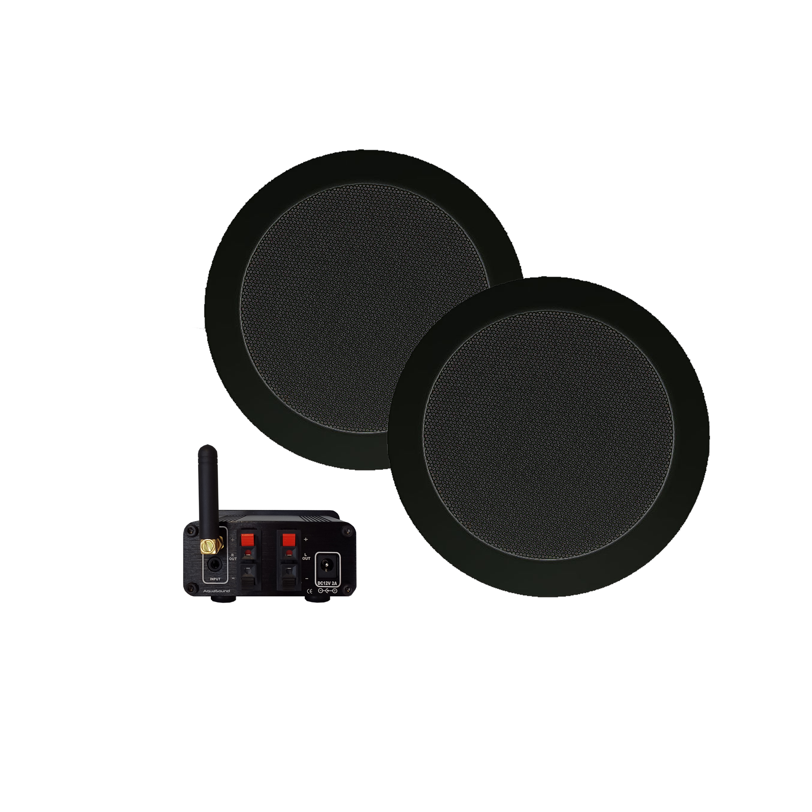 BLUETOOTH AUDIOSYSTEEM (50 WATT / BT4.0 / AUTO-AUX) + TWIST SPEAKERSET (ZWART), 230V/12V