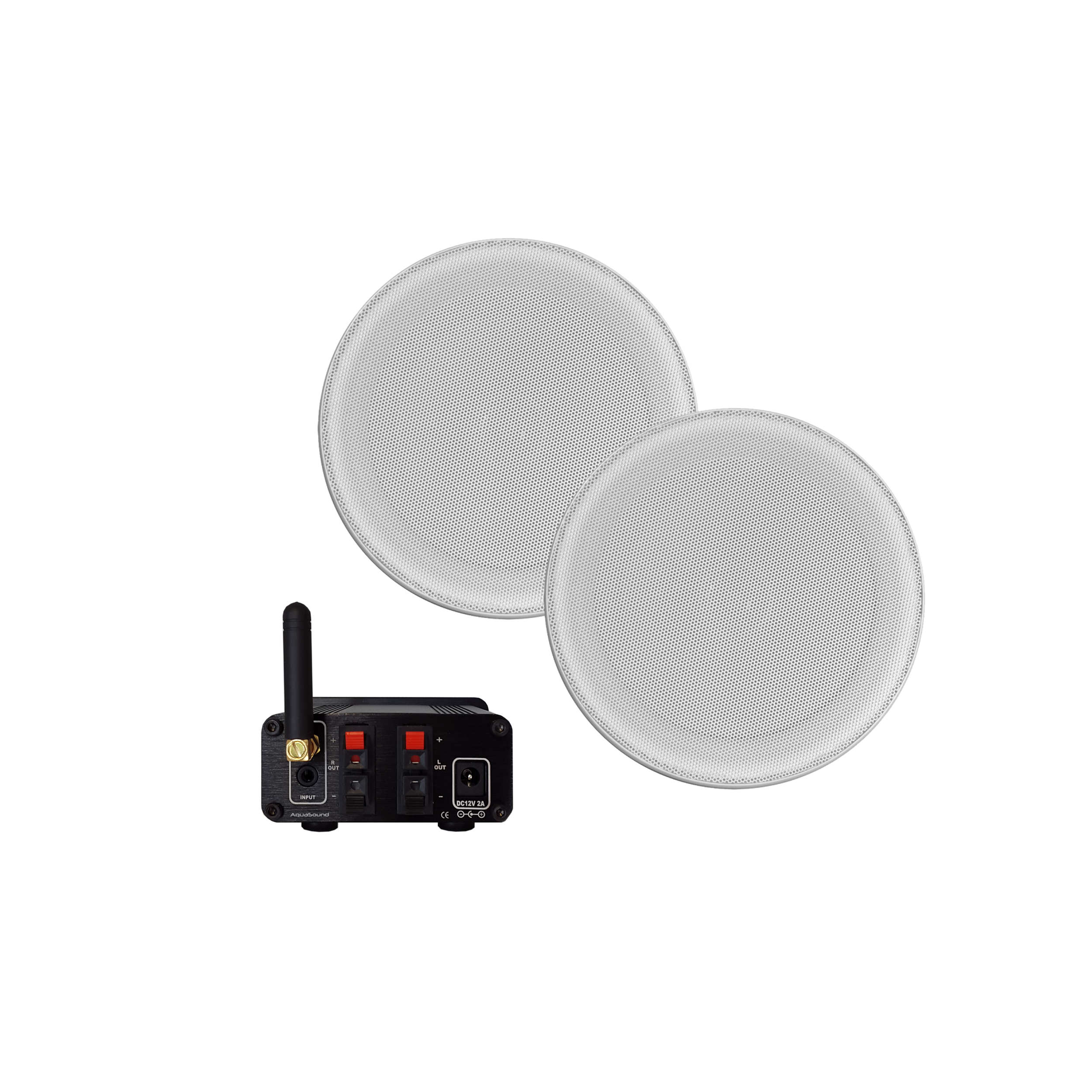 BLUETOOTH AUDIOSYSTEEM (50 WATT / BT4.0 / AUTO-AUX) + JAZZ SAUNA SPEAKERSET (WIT), 230V/12V