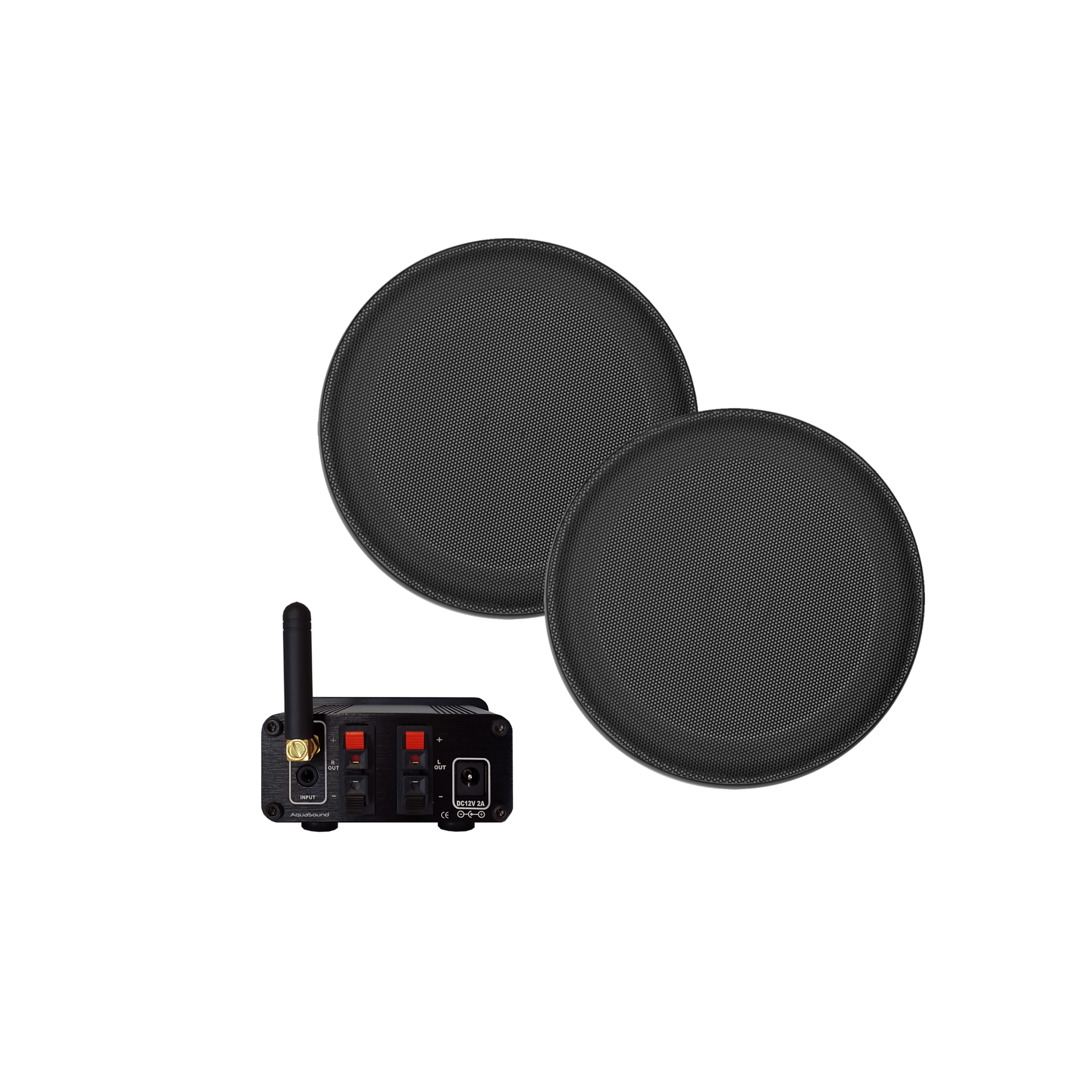 BLUETOOTH AUDIOSYSTEEM (50 WATT / BT4.0 / AUTO-AUX) + JAZZ SAUNA SPEAKERSET (MAT ZWART), 230V/12V