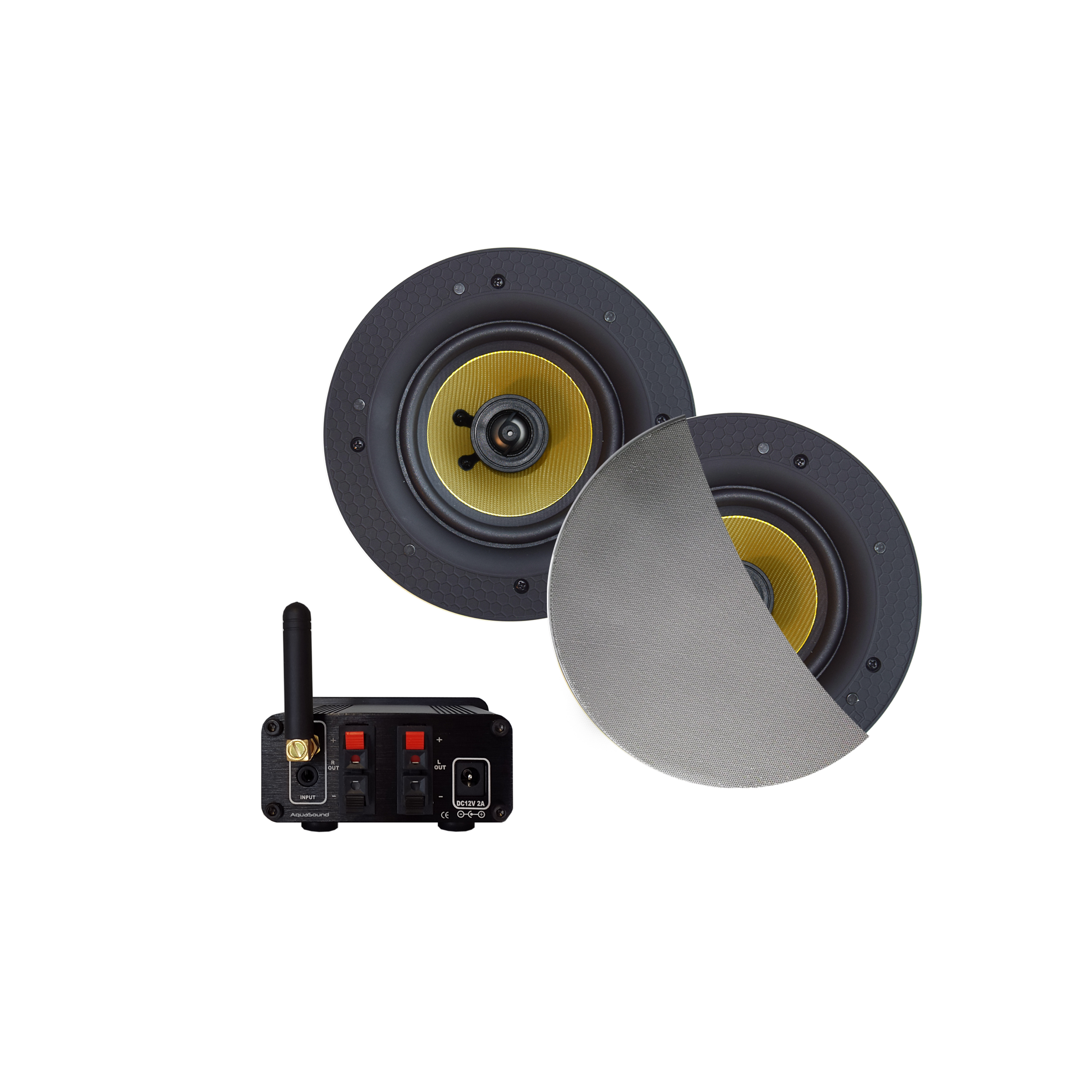 BLUETOOTH AUDIOSYSTEEM (50 WATT / BT4.0 / AUTO-AUX) MET SAMBA SPEAKERSET (MAT CHROOM), 230V/12V