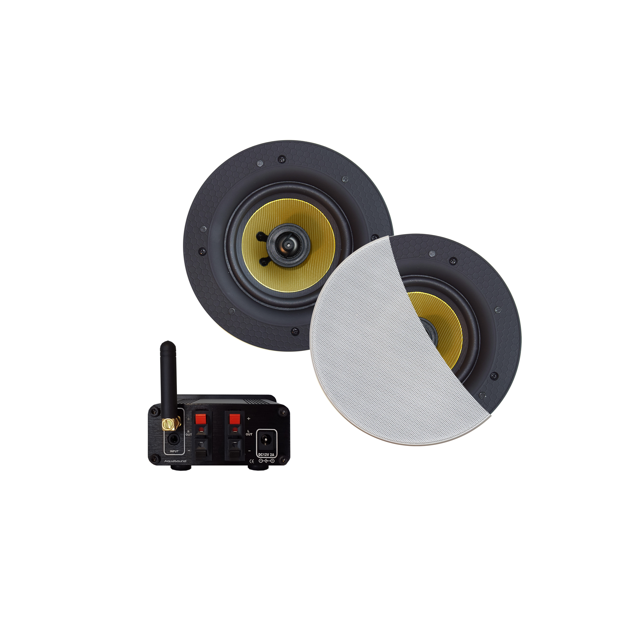 BLUETOOTH AUDIOSYSTEEM (50 WATT / BT4.0 / AUTO-AUX) MET SAMBA SPEAKERSET (WIT), 230V/12V