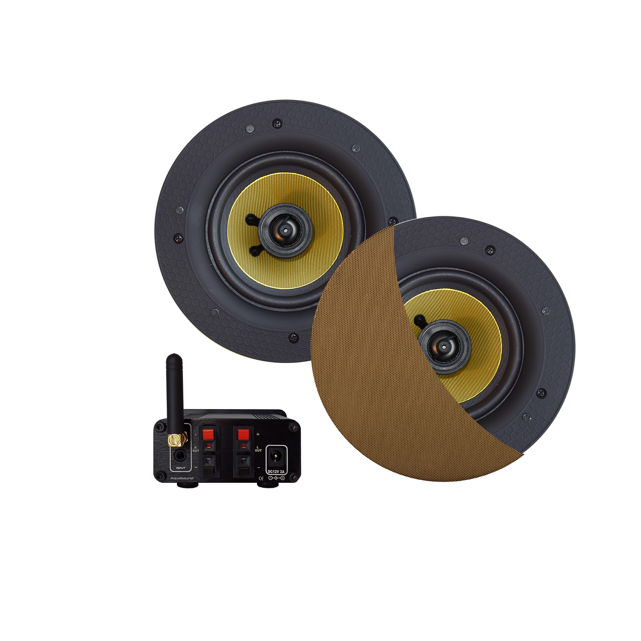 BLUETOOTH AUDIOSYSTEEM (70 WATT / BT4.0 / AUTO-AUX) MET ZUMBA SPEAKERSET (BRUSHED GOLD), 230V/24V