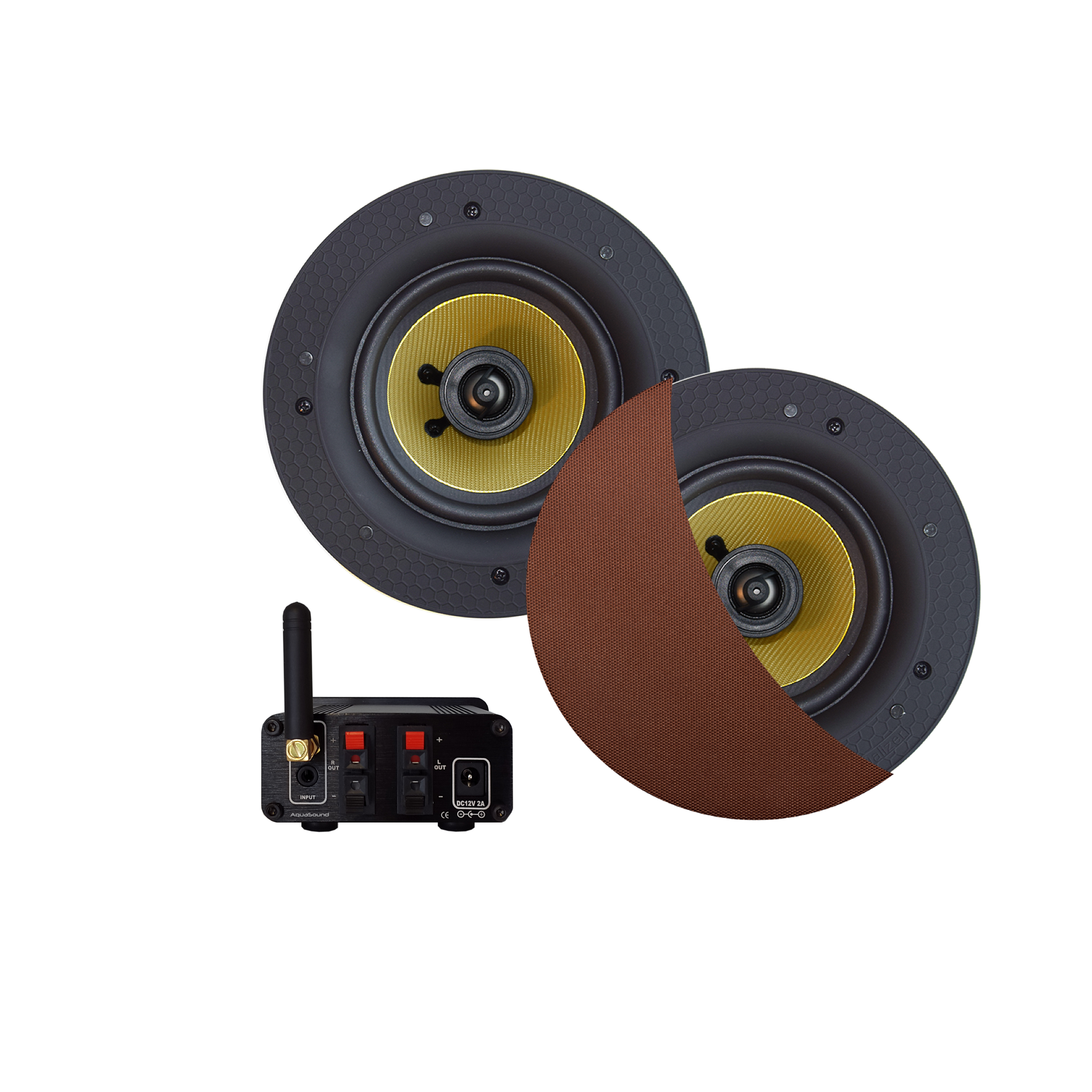 BLUETOOTH AUDIOSYSTEEM (70 WATT / BT4.0 / AUTO-AUX) MET ZUMBA SPEAKERSET (BRUSHED COPPER), 230V/24V