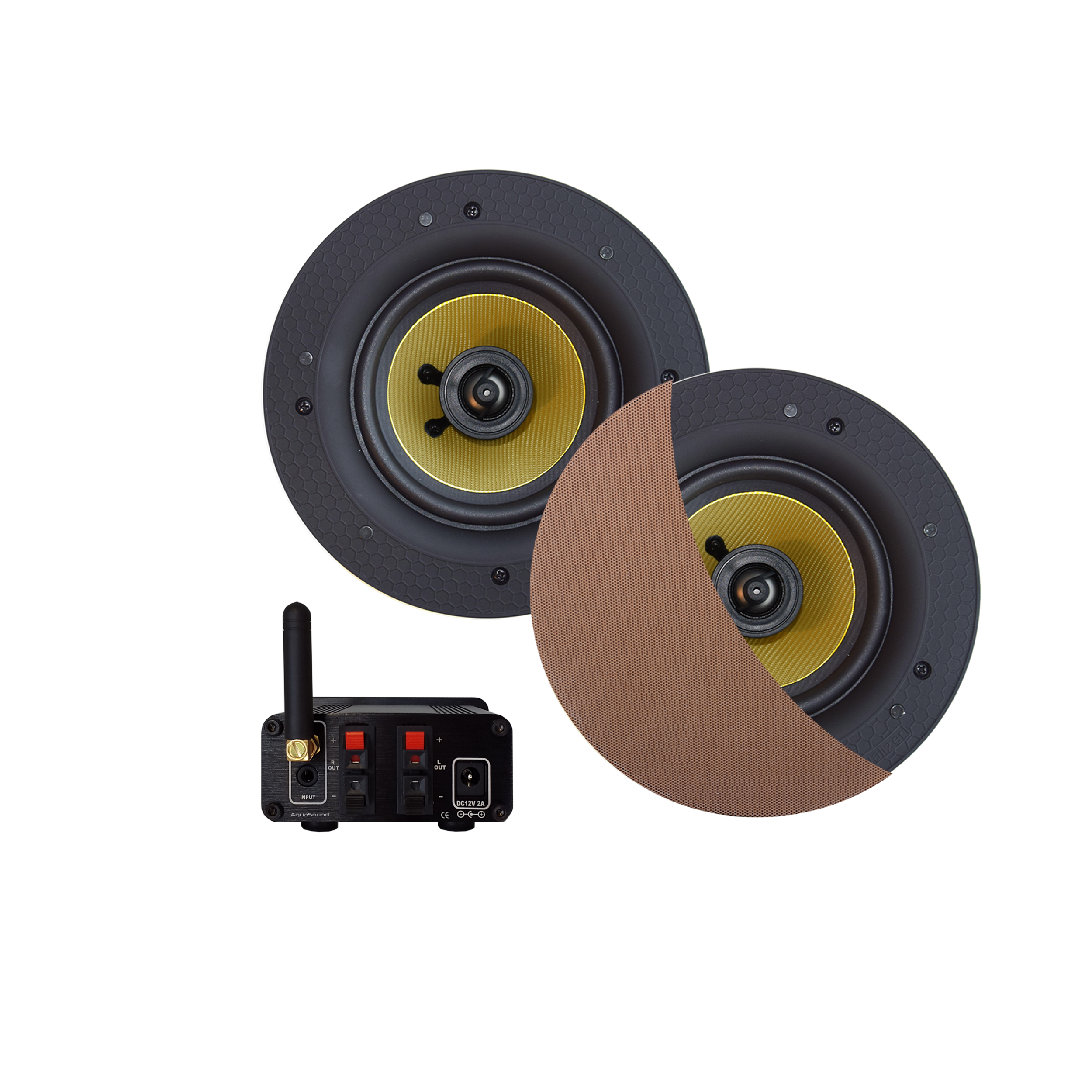 BLUETOOTH AUDIOSYSTEEM (70 WATT / BT4.0 / AUTO-AUX) MET ZUMBA SPEAKERSET (BRUSHED RED GOLD), 230V/24V