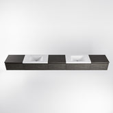 MONDIAZ BUKLA 340cm badmeubel met module 60 kleur Dark Brown met 5 lades. Wastafel CLOUD dubbel 0 kraangaten kleur Talc.