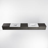 MONDIAZ BUKLA 340cm badmeubel met module 60 kleur Dark Brown met 5 lades. Wastafel CLOUD dubbel 2 kraangaten kleur Talc.