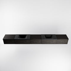 MONDIAZ BUKLA 340cm badmeubel met module 60 kleur Dark Brown met 5 lades. Wastafel CLOUD dubbel 2 kraangaten kleur Urban.