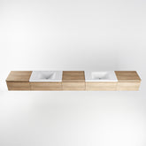 MONDIAZ BUKLA 340cm badmeubel met module 60 kleur Washed Oak met 5 lades. Wastafel CLOUD dubbel 0 kraangaten kleur Talc.