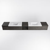 MONDIAZ BUKLA 280cm badmeubel met open module 40 midden kleur Dark Brown met 4 lades. Wastafel CLOUD dubbel 2 kraangaten kleur Talc.