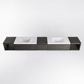 MONDIAZ BUKLA 280cm badmeubel met open module 40 L+R kleur Dark Brown met 3 lades. Wastafel CLOUD dubbel 0 kraangaten kleur Talc.