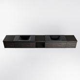 MONDIAZ BUKLA 280cm badmeubel met open module 40 midden kleur Dark Brown met 4 lades. Wastafel CLOUD dubbel 2 kraangaten kleur Urban.