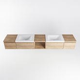 MONDIAZ BUKLA 240cm badmeubel met open module 40 midden kleur Washed Oak met 4 lades. Wastafel CLOUD dubbel 2 kraangaten kleur Talc.