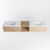 MONDIAZ BUKLA 200cm badmeubel met open module 40 kleur Washed Oak met 2 lades. Wastafel CLOUD dubbel 2 kraangaten kleur Talc.