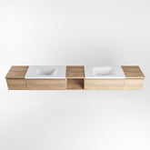 MONDIAZ BUKLA 280cm badmeubel met open module 40 midden kleur Washed Oak met 4 lades. Wastafel CLOUD dubbel 0 kraangaten kleur Talc.