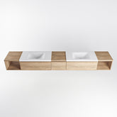 MONDIAZ BUKLA 280cm badmeubel met open module 40 L+R kleur Washed Oak met 3 lades. Wastafel CLOUD dubbel 0 kraangaten kleur Talc.