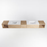 MONDIAZ BUKLA 280cm badmeubel met open module 40 L+R kleur Washed Oak met 3 lades. Wastafel CLOUD dubbel 2 kraangaten kleur Talc.