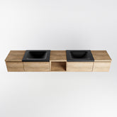 MONDIAZ BUKLA 240cm badmeubel met open module 40 midden kleur Washed Oak met 4 lades. Wastafel CLOUD dubbel 2 kraangaten kleur Urban.