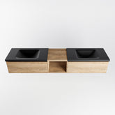 MONDIAZ BUKLA 200cm badmeubel met open module 40 kleur Washed Oak met 2 lades. Wastafel CLOUD dubbel 2 kraangaten kleur Urban.