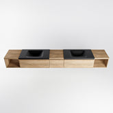 MONDIAZ BUKLA 280cm badmeubel met open module 40 L+R kleur Washed Oak met 3 lades. Wastafel CLOUD dubbel 2 kraangaten kleur Urban.