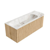 MONDIAZ KURVE-DLUX 125cm badmeubel ronding Rechts kleur Oak met 1 lade en 1 deur. Wastafel BIG MEDIUM Links zonder kraangat Frappe.