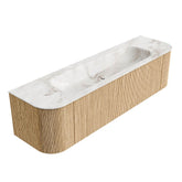 MONDIAZ KURVE-DLUX 170cm badmeubel ronding Links + Rechts kleur Oak met 1 lade en 2 deuren. Wastafel BIG LARGE Midden zonder kraangat Frappe.