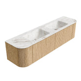 MONDIAZ KURVE-DLUX 180cm badmeubel ronding Links + Rechts kleur Oak met 2 lades en 2 deuren. Wastafel LEAF Dubbel 2 kraangaten Frappe.