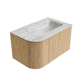 MONDIAZ KURVE-DLUX 75cm badmeubel ronding Links kleur Oak met 1 lade en 1 deur. Wastafel GRUNNE Rechts zonder kraangat Glace.