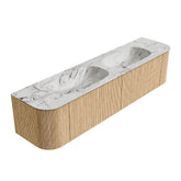 MONDIAZ KURVE-DLUX 190cm badmeubel ronding Links + Rechts kleur Oak met 2 lades en 2 deuren. Wastafel STOR SMALL Dubbel 2 kraangaten Glace.