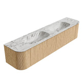 MONDIAZ KURVE-DLUX 200cm badmeubel ronding Links + Rechts kleur Oak met 2 lades en 2 deuren. Wastafel STOR SMALL Dubbel zonder kraangat Glace.