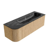 MONDIAZ KURVE-DLUX 135cm badmeubel ronding Links kleur Oak met 1 lade en 1 deur. Wastafel BIG MEDIUM Rechts zonder kraangat Lava.