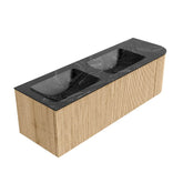 MONDIAZ KURVE-DLUX 145cm badmeubel ronding Rechts kleur Oak met 1 lade en 1 deur. Wastafel LEAF Dubbel / Links 2 kraangaten Lava.