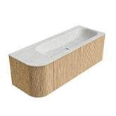 MONDIAZ KURVE-DLUX 125cm badmeubel ronding Links kleur Oak met 1 lade en 1 deur. Wastafel BIG MEDIUM Rechts zonder kraangat Opalo.