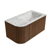 MONDIAZ KURVE-DLUX 85cm badmeubel ronding Links kleur Walnut met 1 lade en 1 deur. Wastafel CLOUD Rechts zonder kraangat Glace.