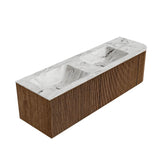 MONDIAZ KURVE-DLUX 155cm badmeubel ronding Rechts kleur Walnut met 2 lades en 1 deur. Wastafel LEAF Dubbel / Links 2 kraangaten Glace.