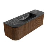 MONDIAZ KURVE-DLUX 140cm badmeubel ronding Links + Rechts kleur Walnut met 1 lade en 2 deuren. Wastafel BIG SMALL Midden zonder kraangat Lava.