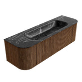 MONDIAZ KURVE-DLUX 150cm badmeubel ronding Links + Rechts kleur Walnut met 1 lade en 2 deuren. Wastafel BIG MEDIUM Midden 1 kraangat Lava.