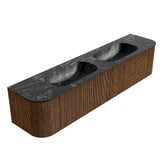 MONDIAZ KURVE-DLUX 200cm badmeubel ronding Links + Rechts kleur Walnut met 2 lades en 2 deuren. Wastafel STOR SMALL Dubbel zonder kraangat Lava.