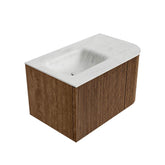 MONDIAZ KURVE-DLUX 75cm badmeubel ronding Rechts kleur Walnut met 1 lade en 1 deur. Wastafel GRUNNE Links zonder kraangat Opalo.