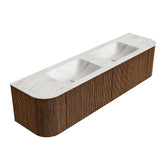 MONDIAZ KURVE-DLUX 180cm badmeubel ronding Links + Rechts kleur Walnut met 2 lades en 2 deuren. Wastafel LEAF Dubbel 2 kraangaten Ostra.