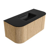 MONDIAZ KURVE 100cm badmeubel ronding Links + Rechts kleur Oak met 1 lade en 2 deuren. Wastafel GRUNNE Midden 1 kraangat Urban.