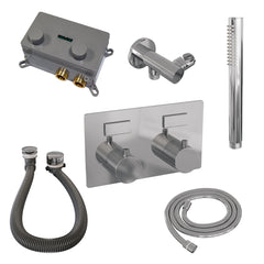 Brauer Gold Carving thermostatische inbouw badkraan met drukknoppen SET 03 met badvulcombinatie en staaf handdouche en doucheslang en wandaansluitbocht Geborsteld Goud PVD - 5-GG-212