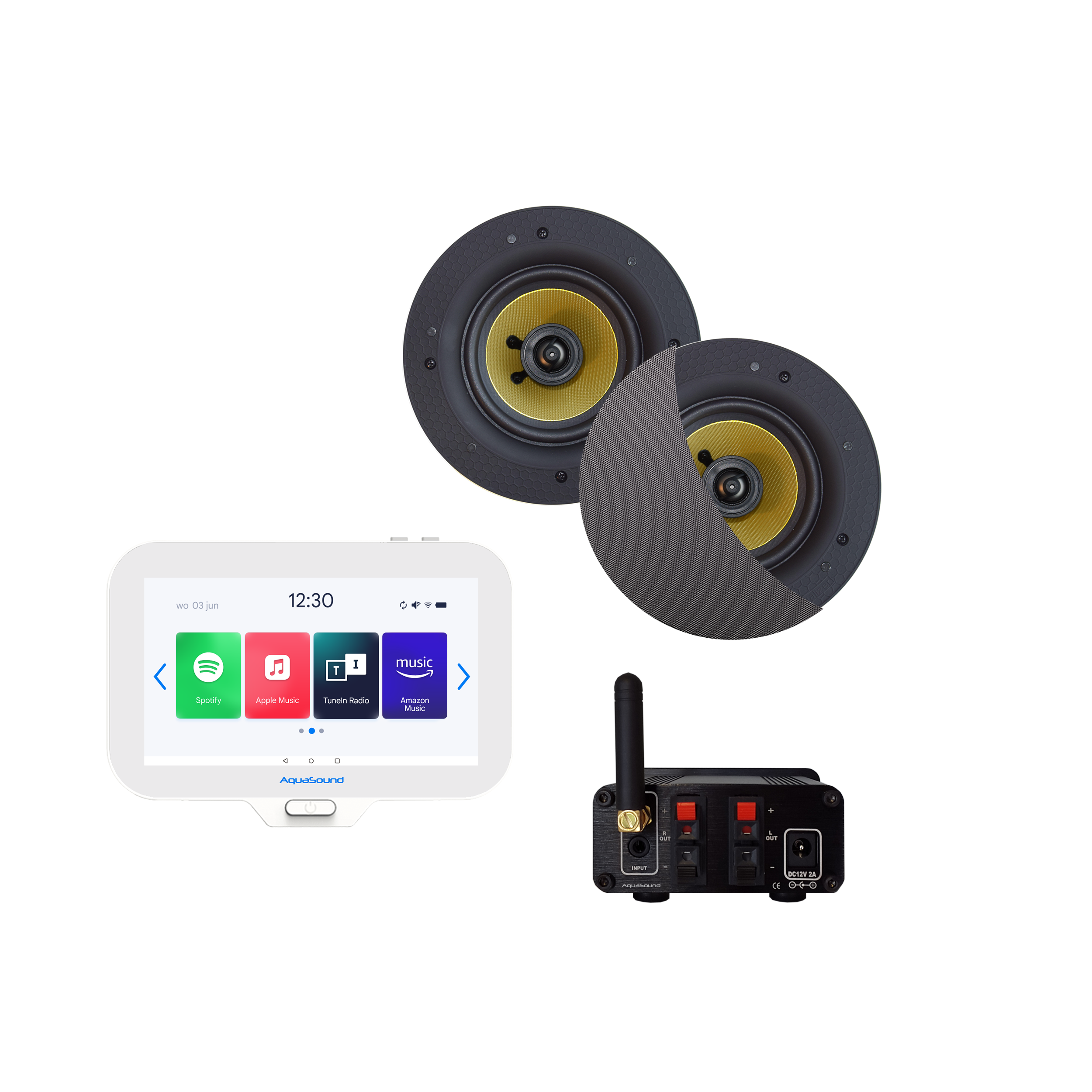 N-JOY CONNECT BADKAMERRADIO, CONTROLLER (IPX7) + WAND LADER + RUMBA SPEAKERSET MAT CHROOM + BLUETOOTH VERSTERKER / 30 WATT / 230V/12V