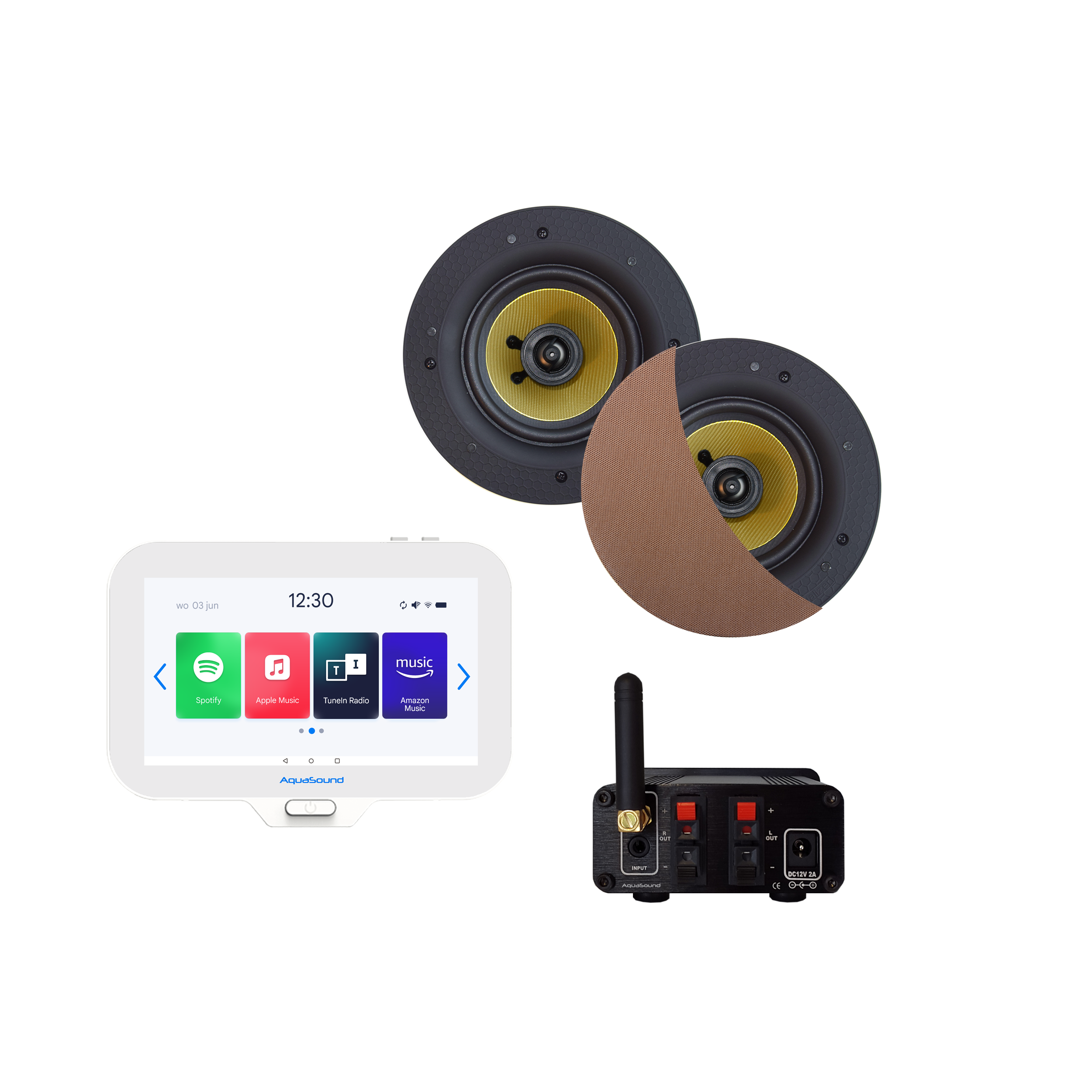 N-JOY CONNECT BADKAMERRADIO, CONTROLLER (IPX7) + WAND LADER + RUMBA SPEAKERSET (BRUSHED RED GOLD) BLUETOOTH / 30 WATT / 230V/12V