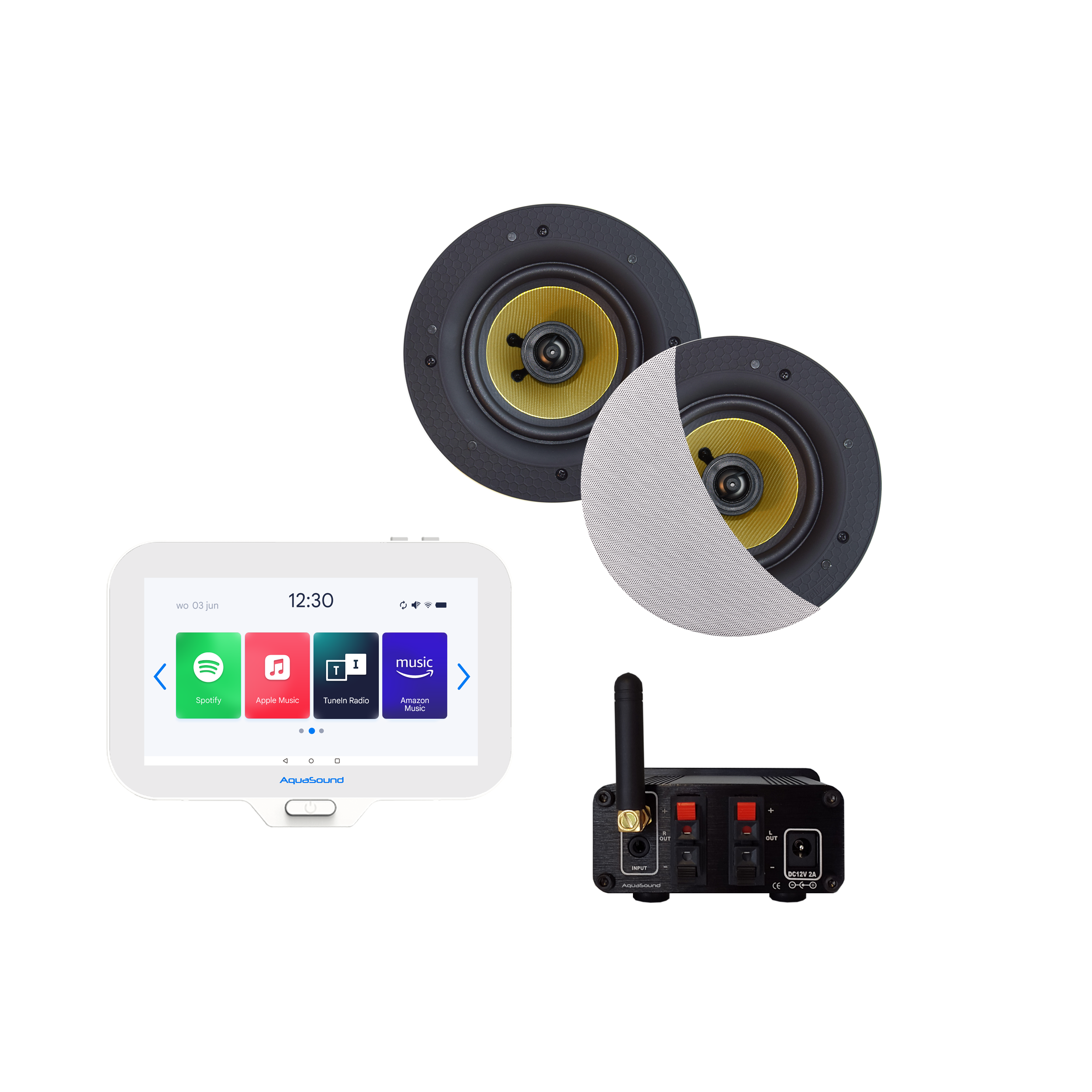 N-JOY CONNECT BADKAMERRADIO, CONTROLLER (IPX7) + WAND LADER + RUMBA SPEAKERSET WIT+ BLUETOOTH VERSTERKER / 30 WATT / 230V/12V