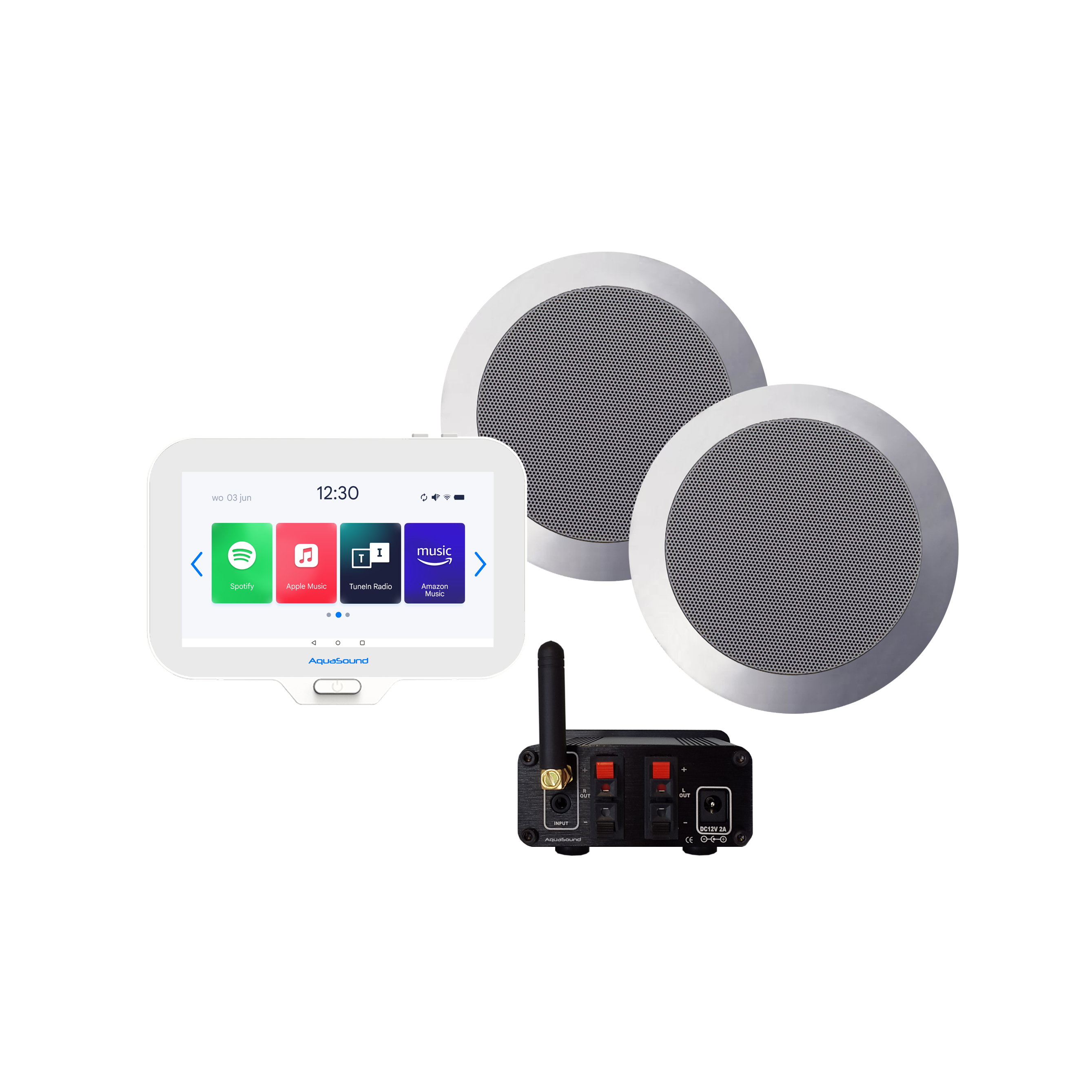 N-JOY CONNECT BADKAMERRADIO, CONTROLLER (IPX7) + WAND LADER + TWIST SPEAKERSET MAT CHROOM + BLUETOOTH VERSTERKER / 30 W / 230V/12VATT