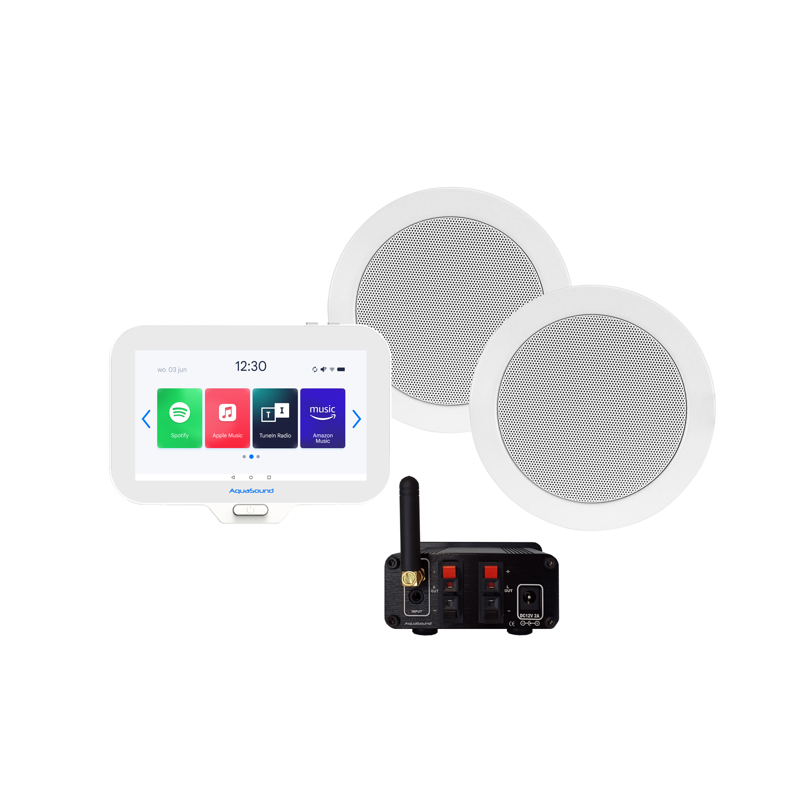 N-JOY CONNECT BADKAMERRADIO, CONTROLLER (IPX7) + WAND LADER + TWIST SPEAKERSET WIT+ BLUETOOTH VERSTERKER / 30 WATT / 230V/12V