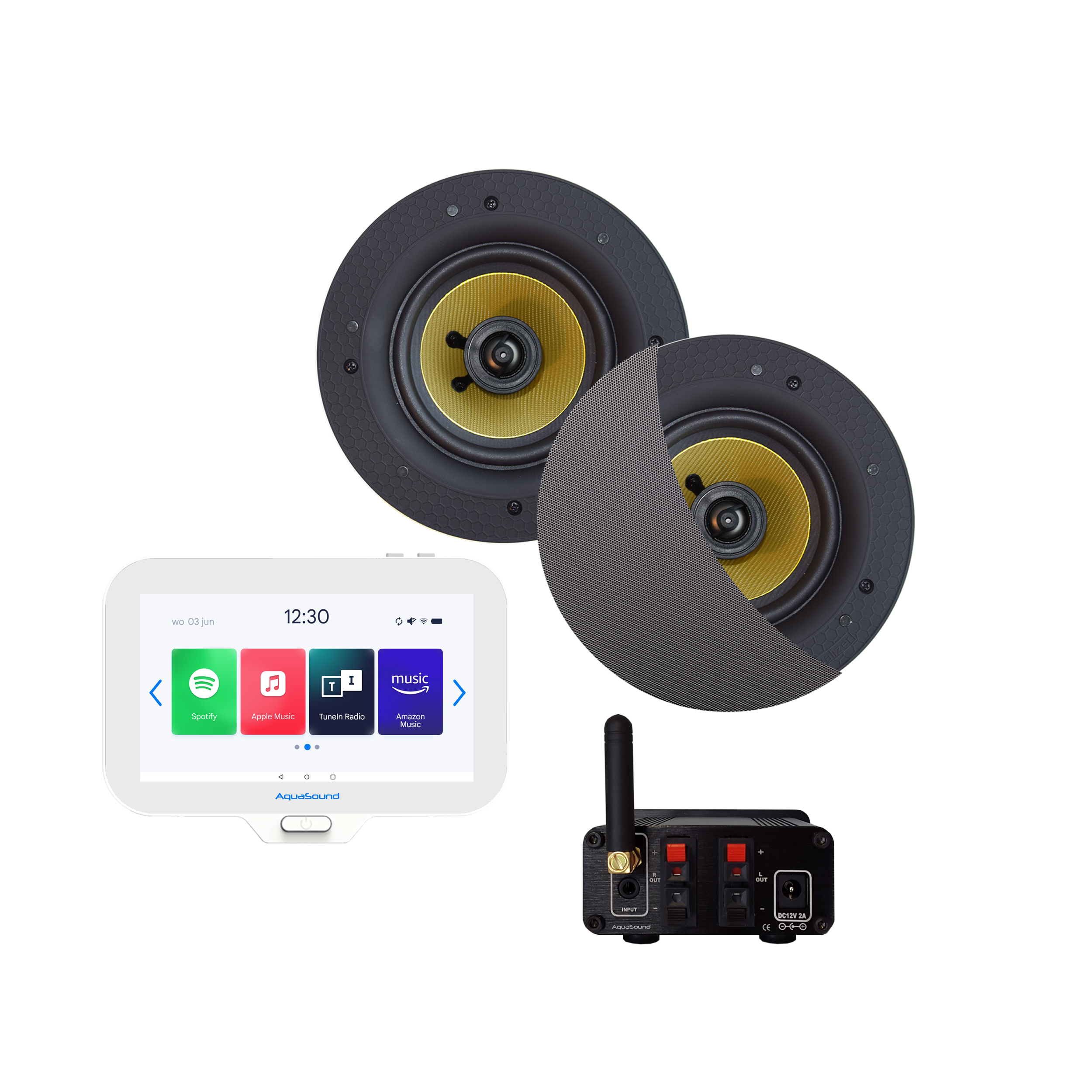 N-JOY CONNECT BADKAMERRADIO, CONTROLLER (IPX7) + WAND LADER + SAMBA SPEAKERSET MAT CHROOM + BLUETOOTH VERSTERKER / 50 WATT / 230V/12V