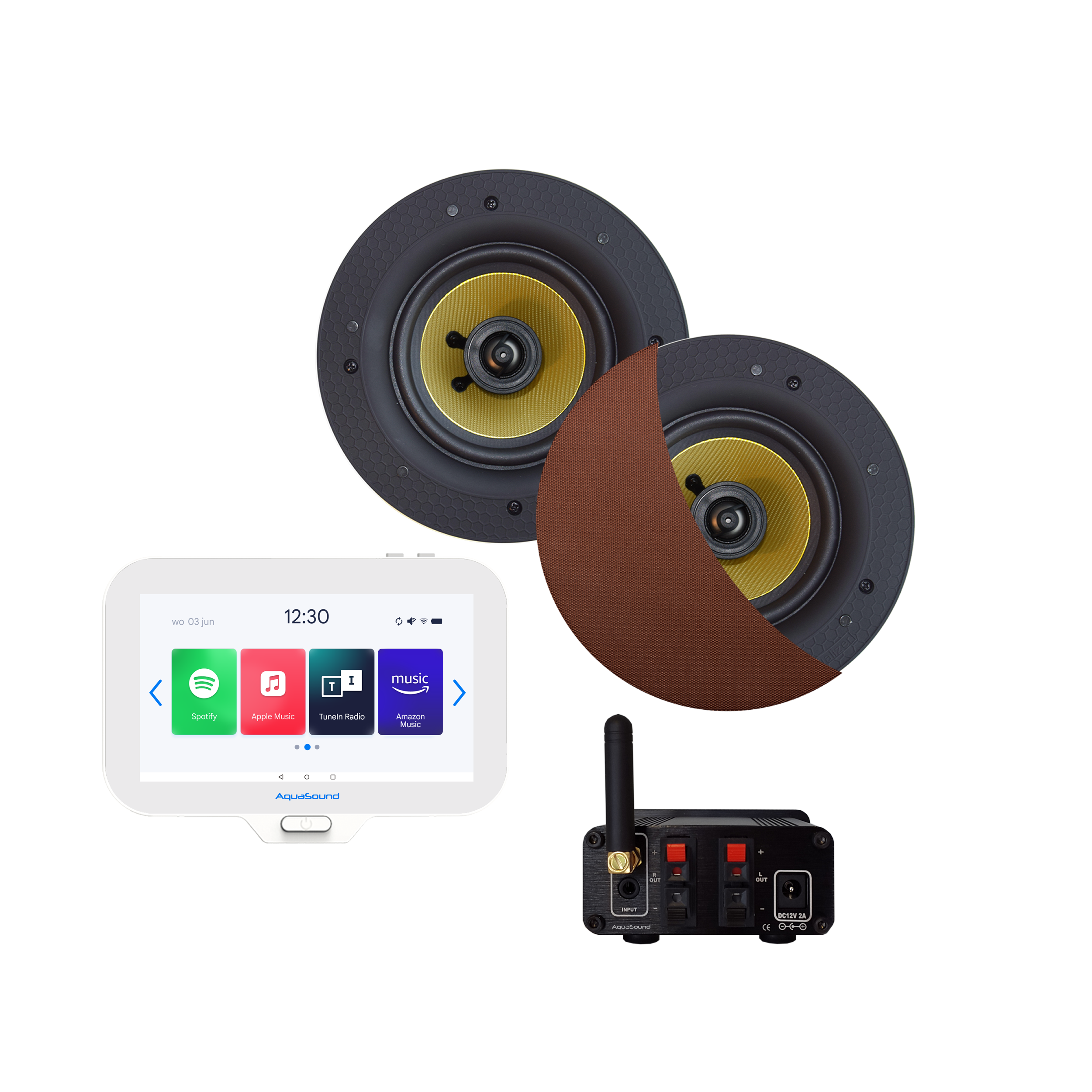 N-JOY CONNECT BADKAMERRADIO, CONTROLLER (IPX7) + WAND LADER + SAMBA SPEAKERSET (BRUSHED COPPER) BLUETOOTH / 50 WATT / 230V/12V